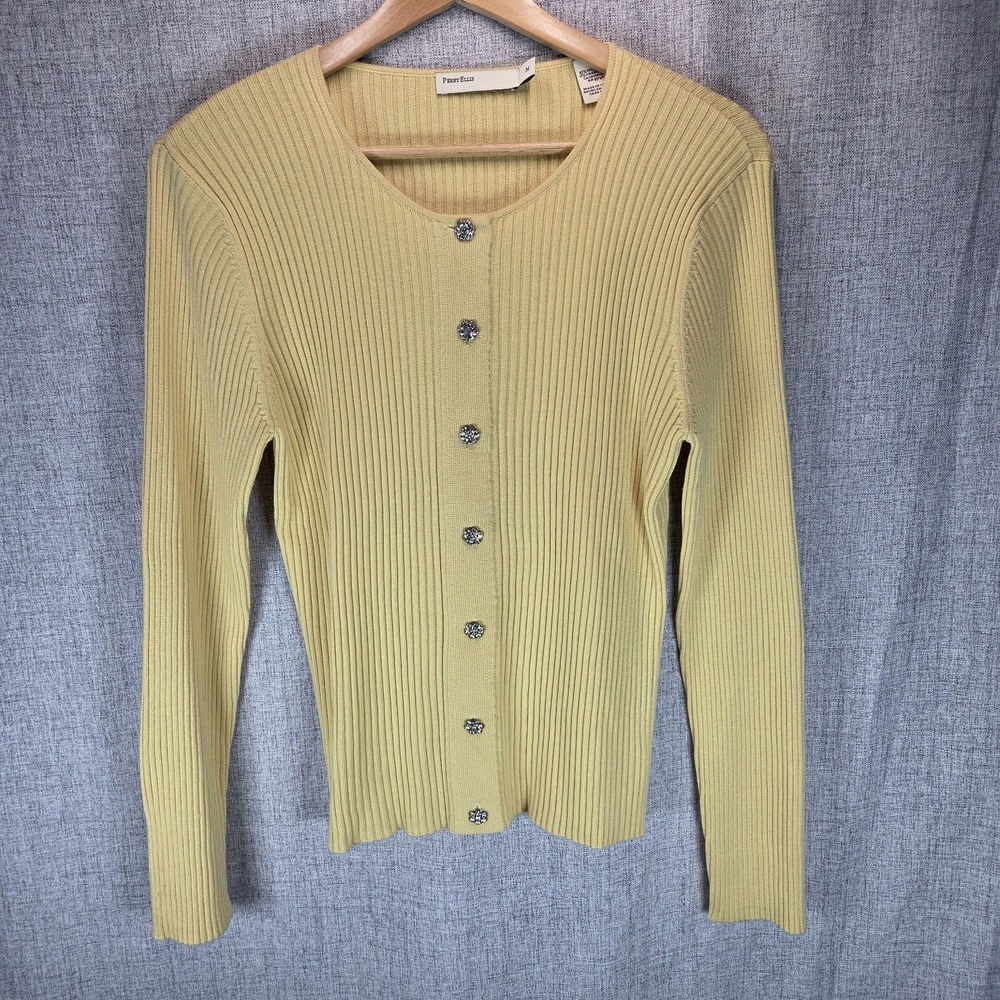 Perry Ellis Yellow Silk Cashmere Spring Cardigan Medium‎ Jewel Buttons Old Money